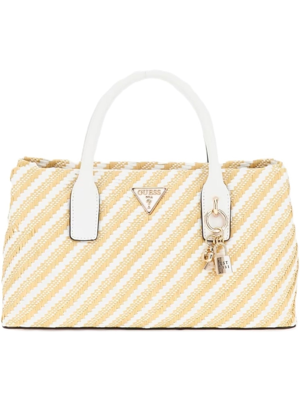 GUESS White & Beige Diagonal-Stripes Satchel with Gold Hardware